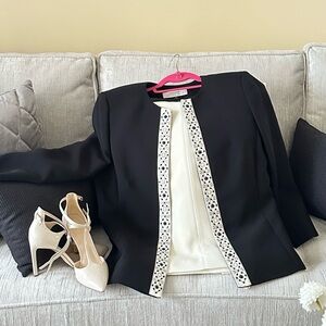 Two piece Tahari pan suit, black and cream fully lined
